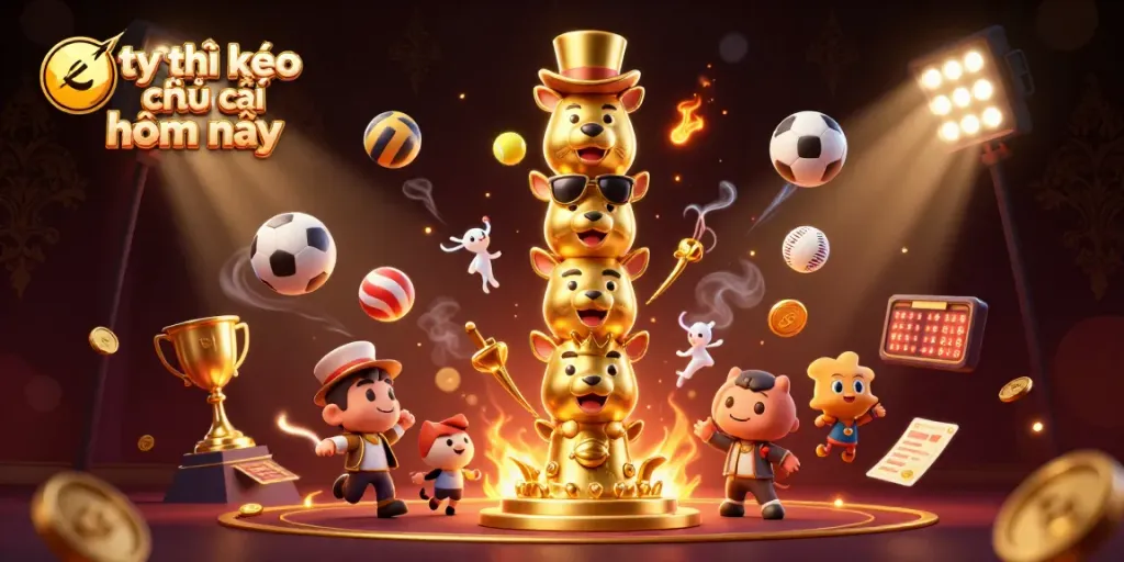 Tỷ lệ kèo nhà cái hôm nay illustrated with a dynamic scene of a golden totem pole and flying sports balls.