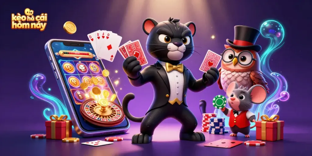 Experience thrilling poker with kèo nhà cái hôm nay featuring a stylish black panther dealer and lucky characters.
