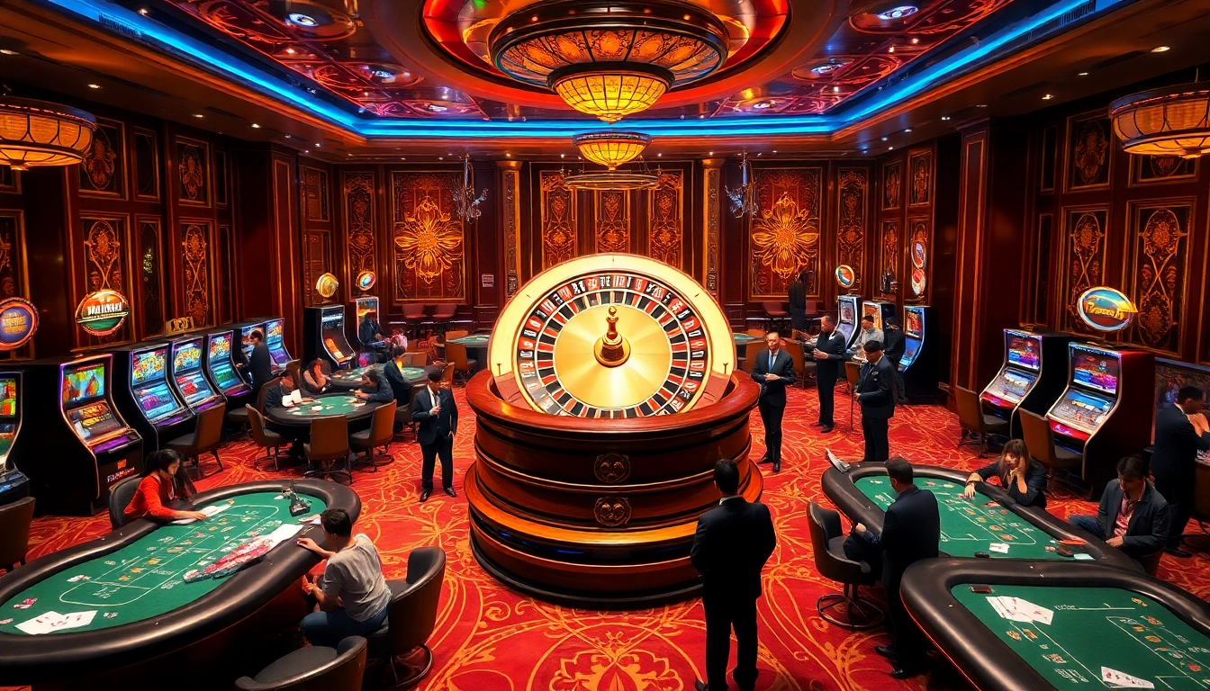 Kèo Nhà Cái betting excitement at a luxurious casino with poker tables and roulette wheel.