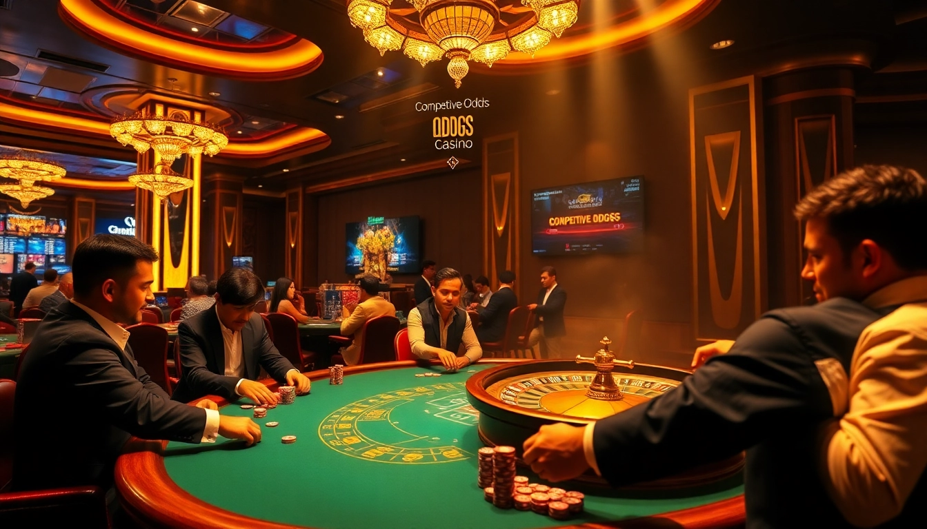 Players engaged in intense poker action at a stylish casino, showcasing competitive odds from https://nk88s.net/.