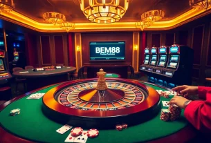 Experience excitement at BEM88 with vibrant poker chips and a roulette wheel in a luxury casino setting.