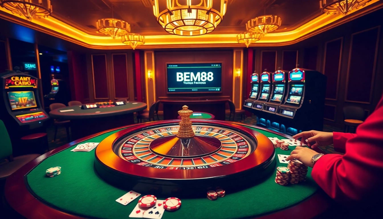 Experience excitement at BEM88 with vibrant poker chips and a roulette wheel in a luxury casino setting.