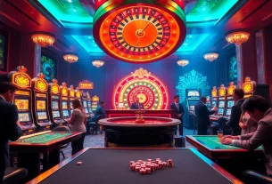 Exciting gameplay at 68win sòng bài with vibrant slot machines and a roulette wheel.