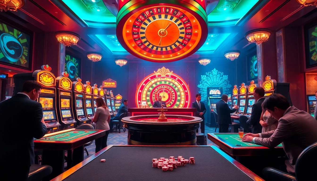 Exciting gameplay at 68win sòng bài with vibrant slot machines and a roulette wheel.