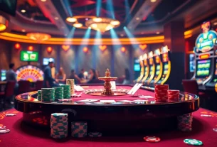 Exciting casino scene showcasing nhà cái max88 with vibrant gaming tables, roulette, and poker players.