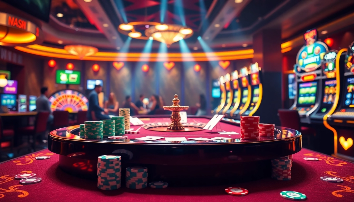 Exciting casino scene showcasing nhà cái max88 with vibrant gaming tables, roulette, and poker players.