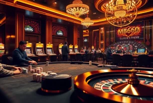 Experience thrilling gameplay at MB66 casino, featuring poker tables, roulette wheels, and vibrant slot machines.
