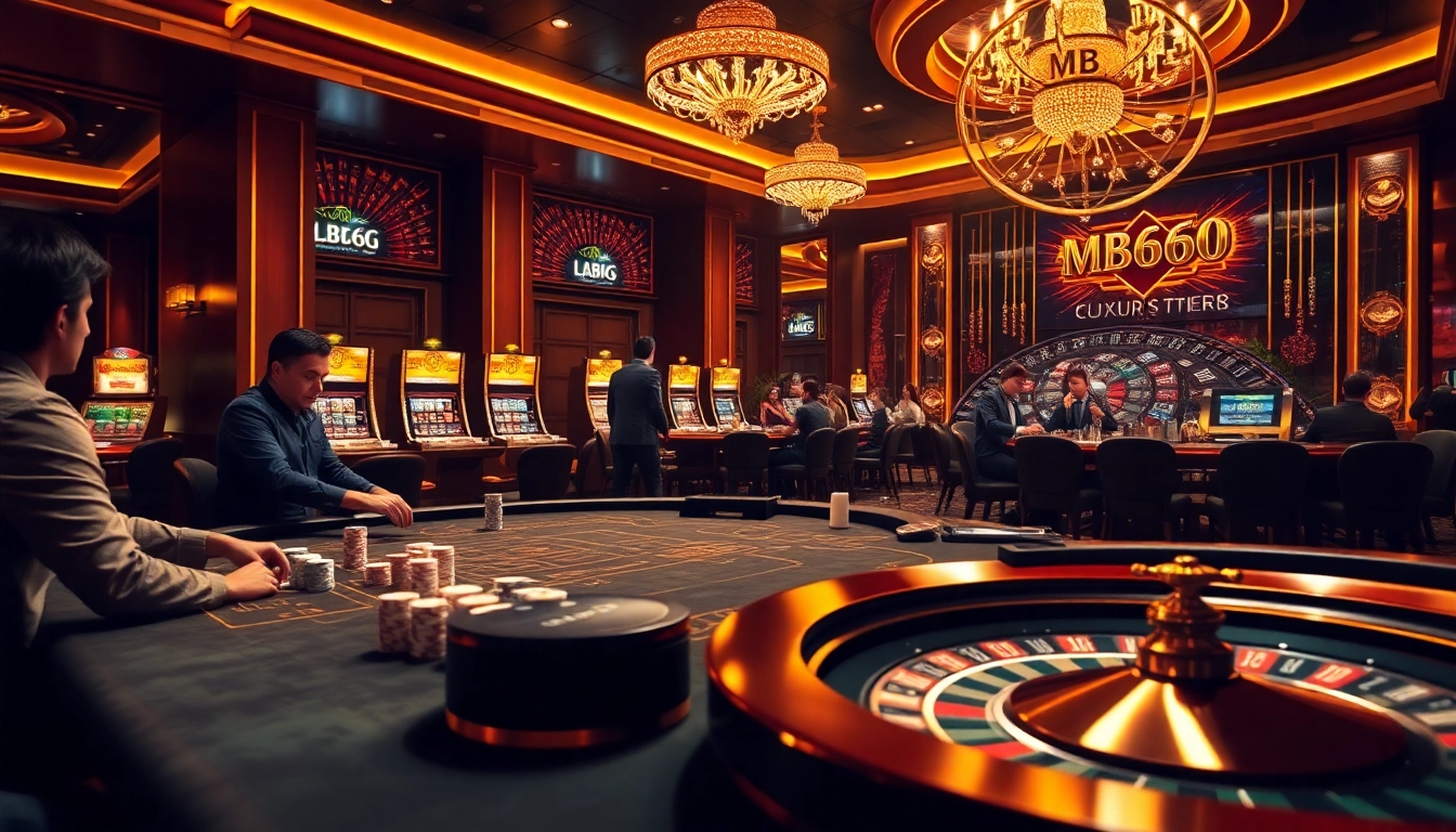 Experience thrilling gameplay at MB66 casino, featuring poker tables, roulette wheels, and vibrant slot machines.
