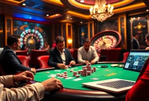 UK88 poker game with vibrant chips and exciting atmosphere in a luxurious casino setting.