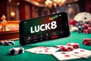 Experience the thrill of betting with LUCK8 APP on a smartphone amidst a vibrant casino atmosphere.