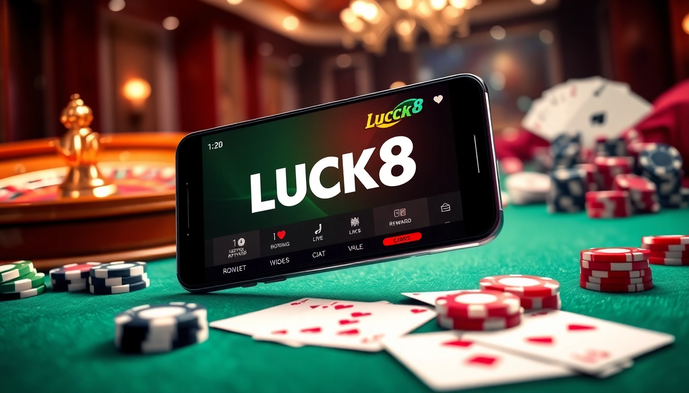 Experience the thrill of betting with LUCK8 APP on a smartphone amidst a vibrant casino atmosphere.
