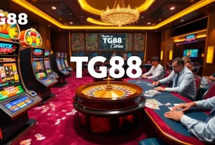 TG88 gaming action showcasing vibrant slot machines and roulette wheels in a luxurious casino atmosphere.