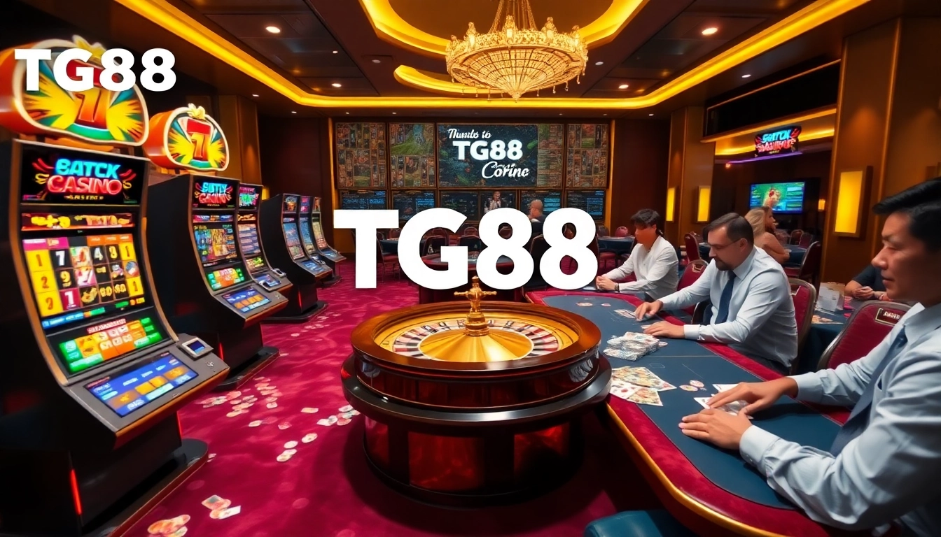 TG88 gaming action showcasing vibrant slot machines and roulette wheels in a luxurious casino atmosphere.
