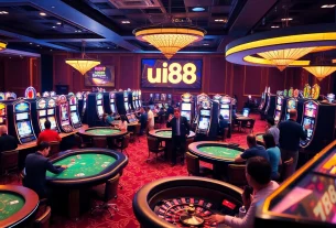 Players enjoying a thrilling game night at uu88 casino, showcasing vibrant slot machines and tables.