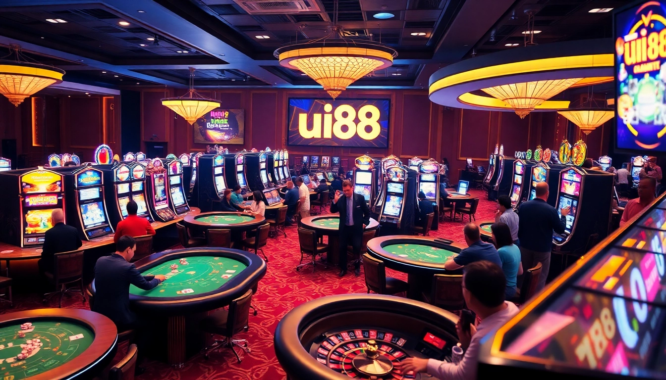 Players enjoying a thrilling game night at uu88 casino, showcasing vibrant slot machines and tables.