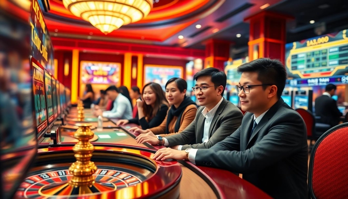 Captivating scene of Lô đề trực tuyến players at a vibrant casino table, showcasing excitement and professionalism.