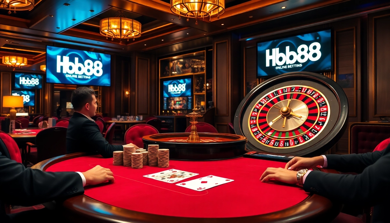Experience thrilling gameplay at HB88 casino with poker chips and a roulette wheel.
