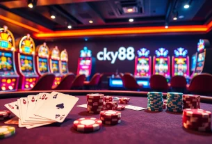 Experience the thrill of lucky88 as players engage with vibrant casino tables filled with chips, cards, and exciting slot machines.