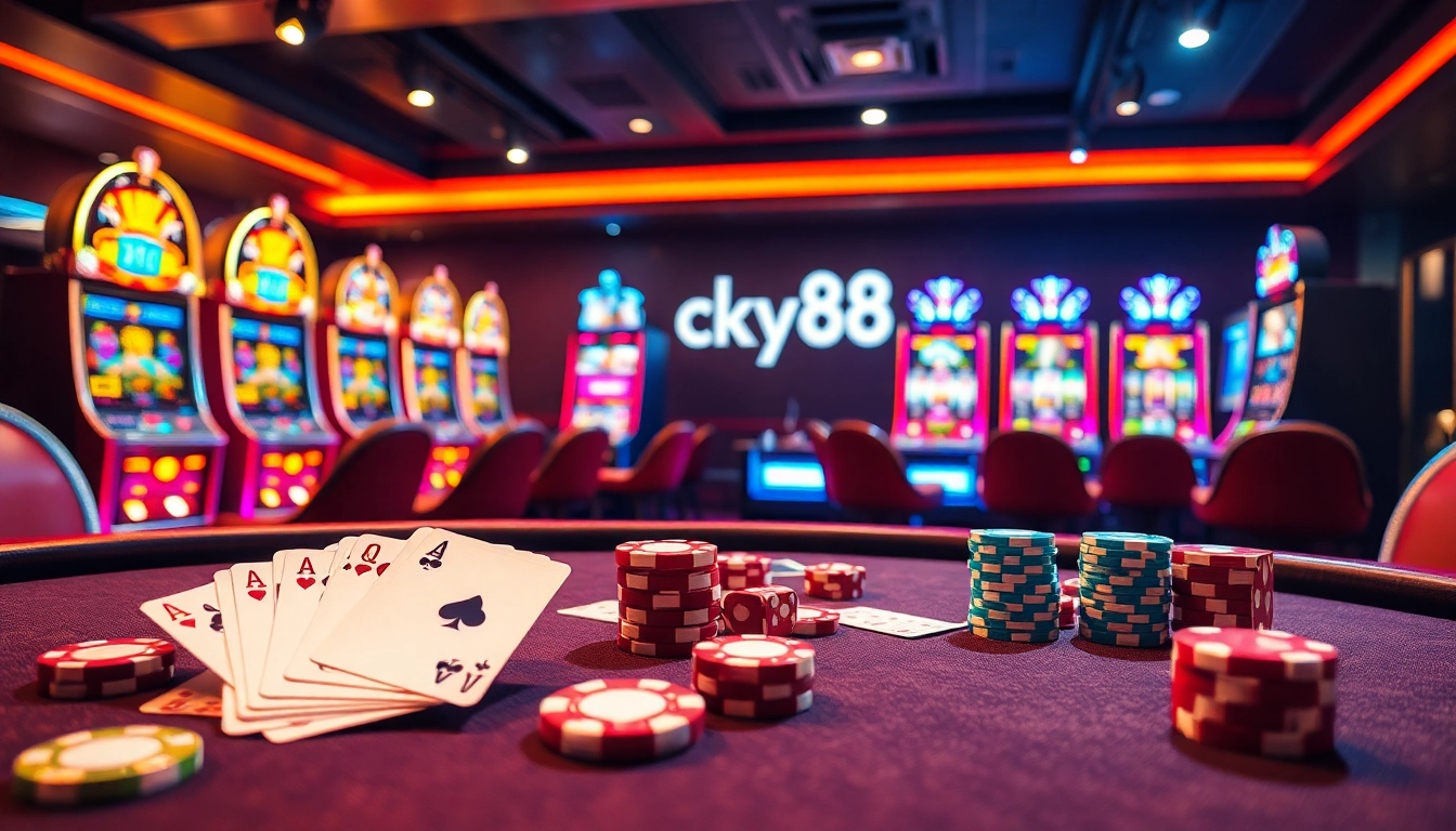 Experience the thrill of lucky88 as players engage with vibrant casino tables filled with chips, cards, and exciting slot machines.