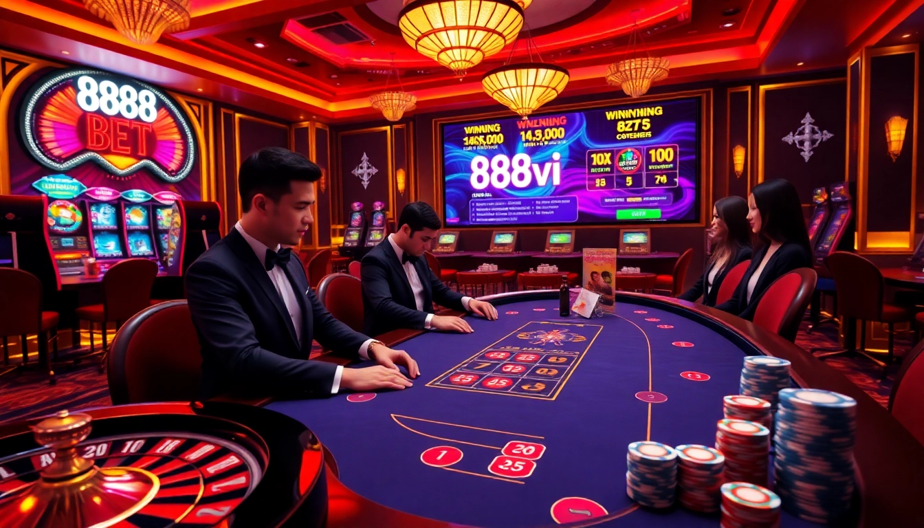 Experience high-stakes thrills at 888vi's vibrant casino interface featuring luxurious decor and dynamic gaming elements.