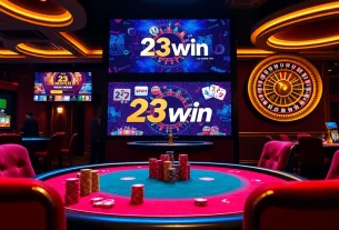Experience the thrill of gambling at 23win with players at a lively poker table and a vibrant casino backdrop.