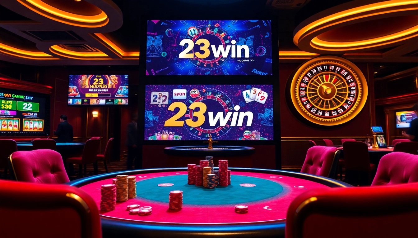 Experience the thrill of gambling at 23win with players at a lively poker table and a vibrant casino backdrop.