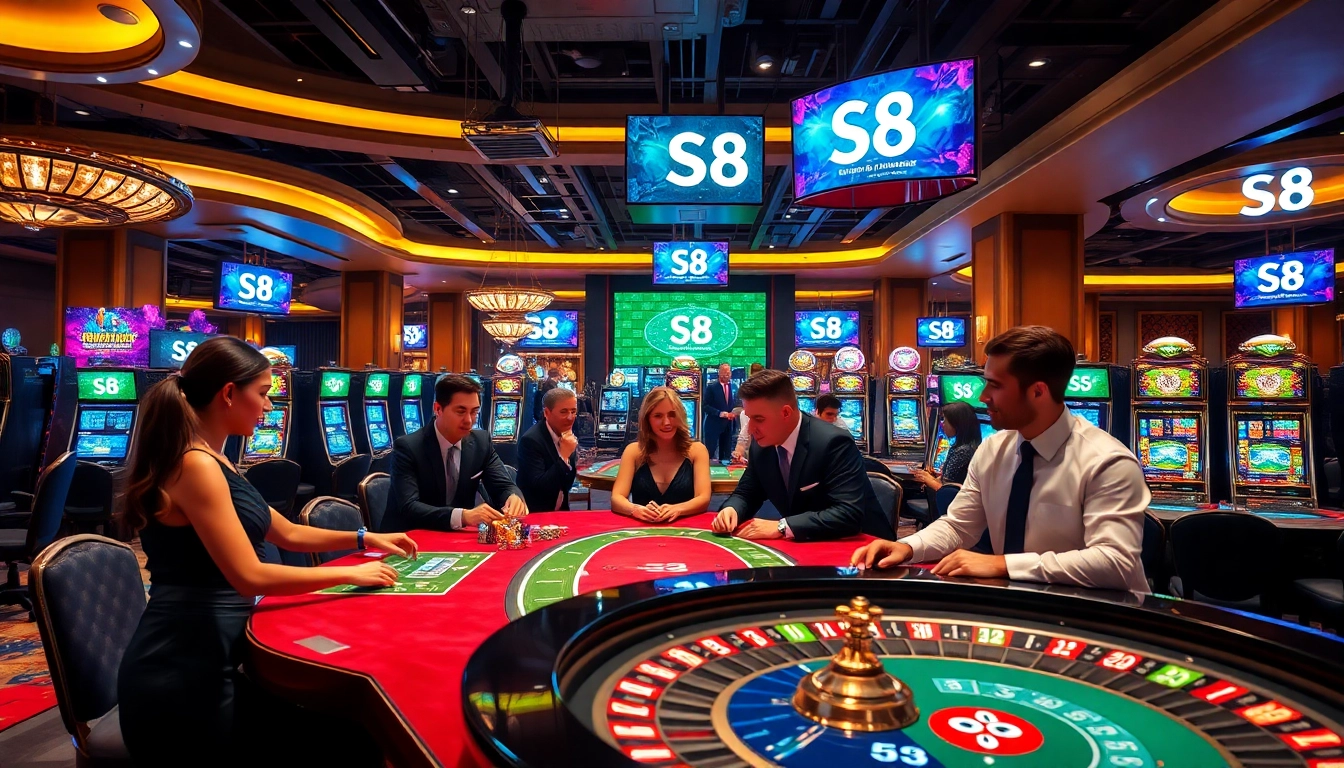 S8 casino scene showing players at a gaming table with vibrant atmosphere
