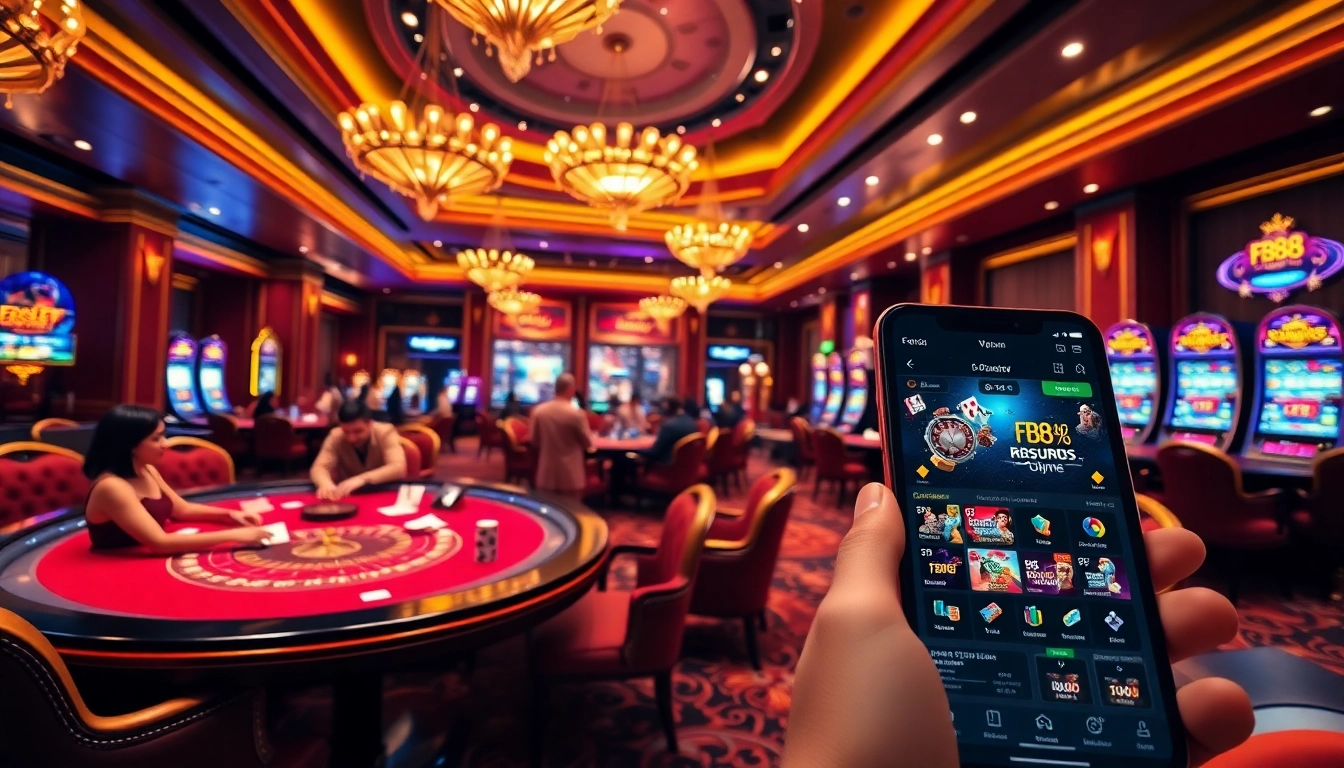 Experience the excitement of Fb88 online casino gaming with vibrant tables, chips, and lively players.