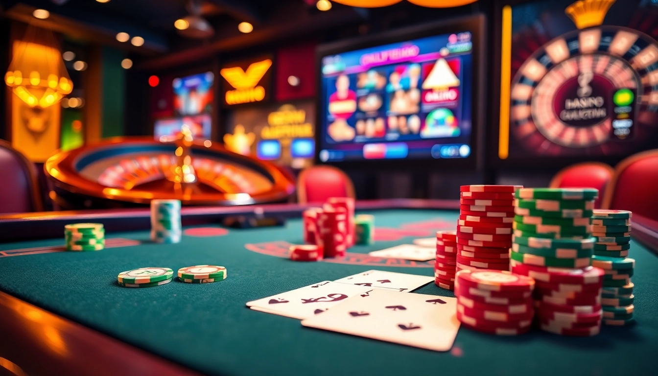 A thrilling online gambling experience at rik vip featuring vibrant casino tables and interactive gaming interfaces.