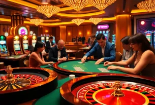 Players enjoying high-stakes gambling with MV66-themed casino tables and vibrant slot machines.