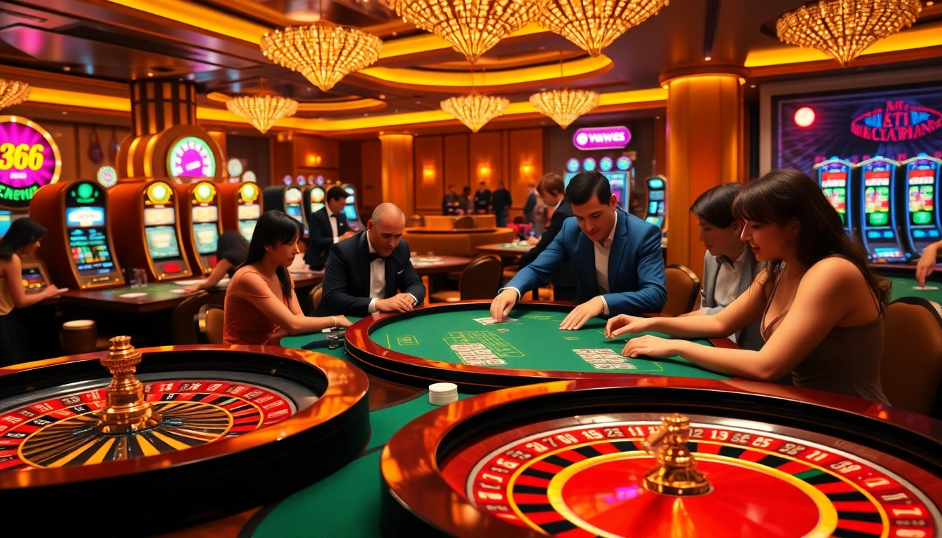 Players enjoying high-stakes gambling with MV66-themed casino tables and vibrant slot machines.