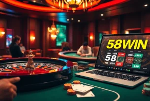Players enjoying 58WIN at a luxurious casino table with poker chips and cards.