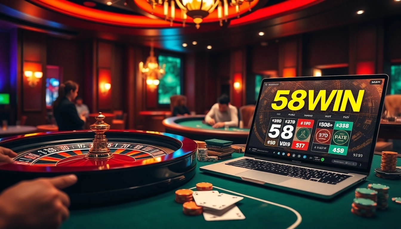 Players enjoying 58WIN at a luxurious casino table with poker chips and cards.