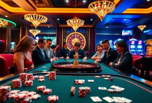 Action-packed poker game scene at https://lode88.coach/, showcasing vibrant chips and dice in a luxurious casino environment.