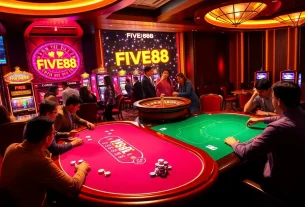 Players enjoying intense poker action at a FIVE88 casino table, highlighting excitement and strategy.