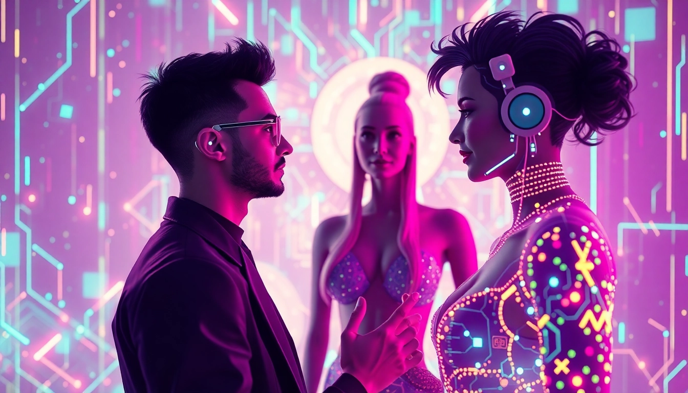 Engaging interaction in a vibrant digital space showcasing sex AI avatars and futuristic design.