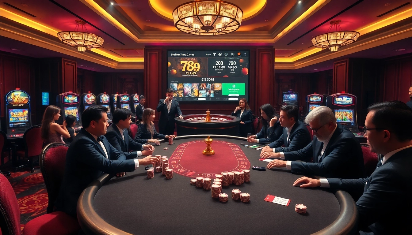 Players enjoying high-stakes poker at a luxurious 789 club casino atmosphere.