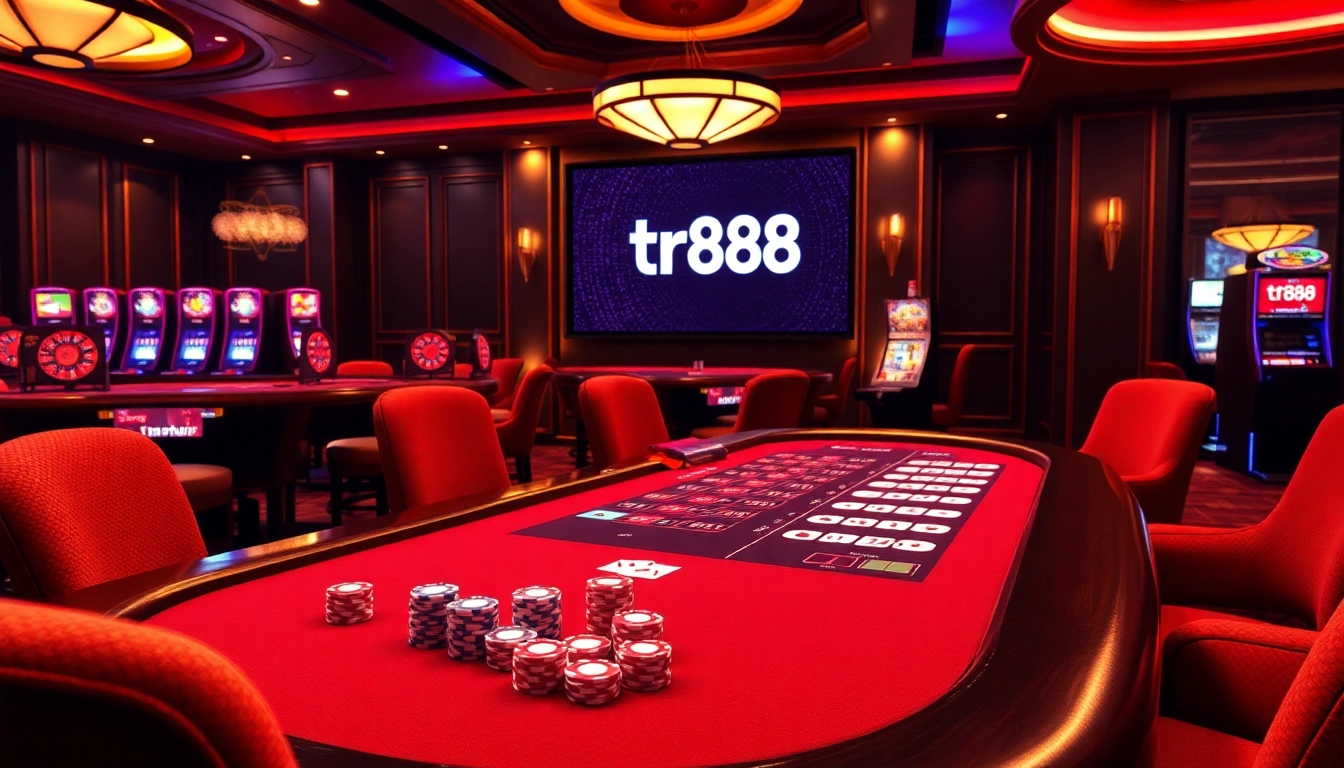 Engaging gambling scene with tr88 showcased on a luxury casino table featuring cards and chips.