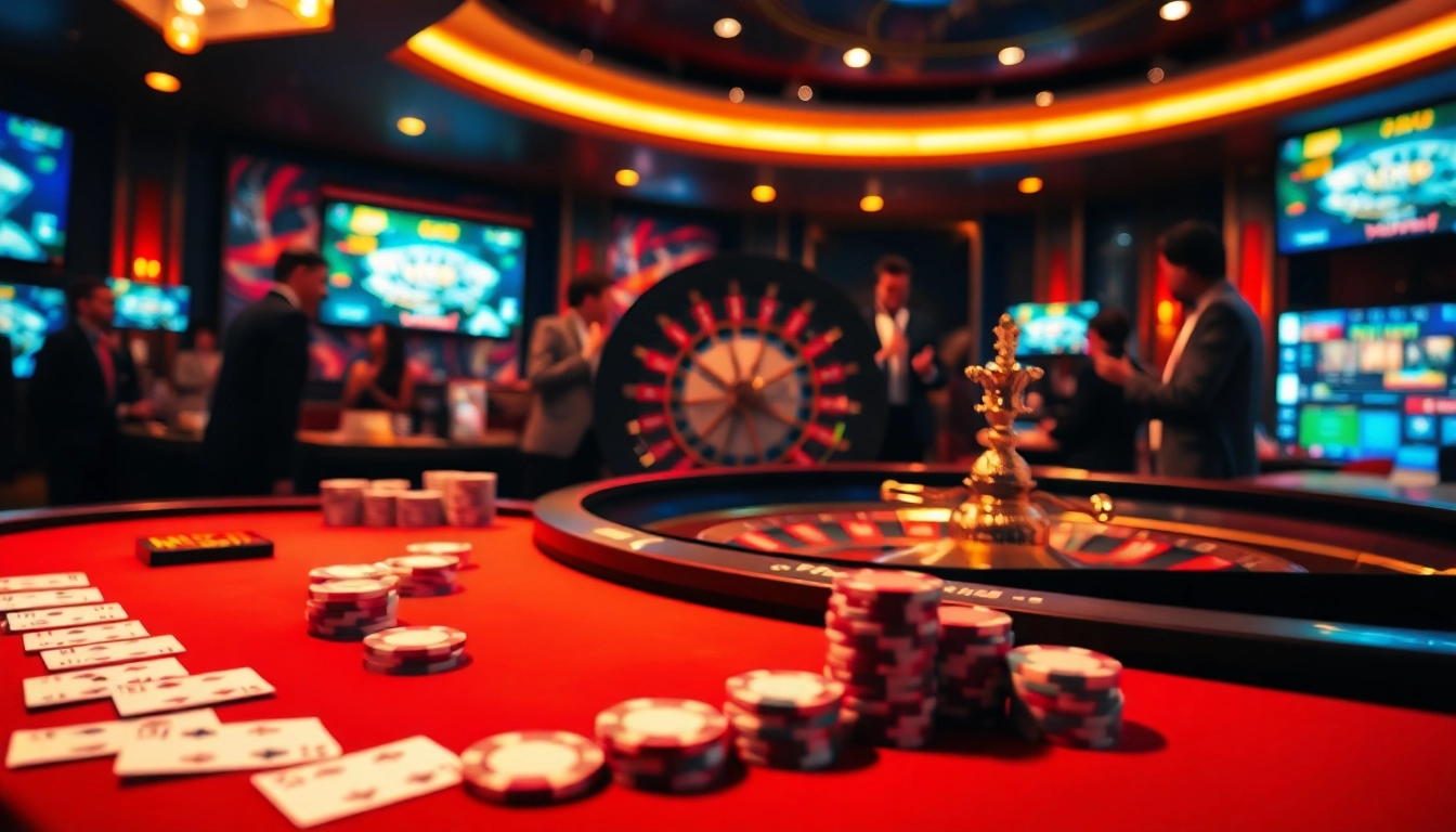 Experience the excitement of xn88 sòng bài with a luxurious casino setting featuring poker, roulette, and vibrant players.