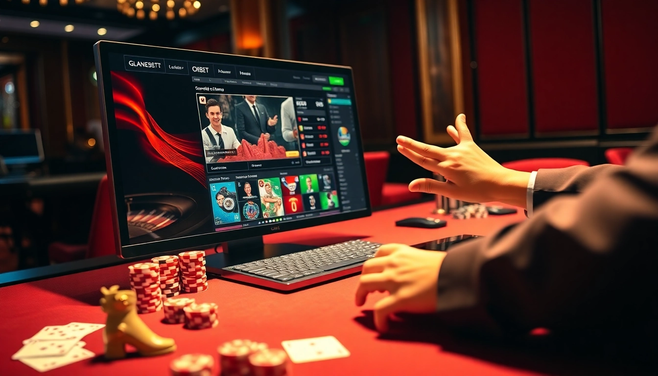 Experience the thrill of OXBET online betting with casino tables and vibrant gaming ambiance.