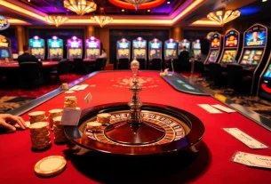 Experience thrilling gaming at dom88.us.com with vibrant tables, poker chips, and a glamorous casino atmosphere.
