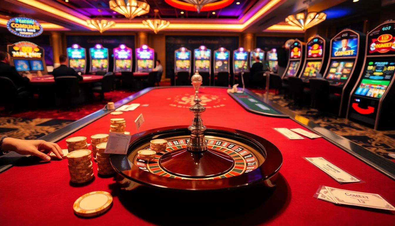 Experience thrilling gaming at dom88.us.com with vibrant tables, poker chips, and a glamorous casino atmosphere.
