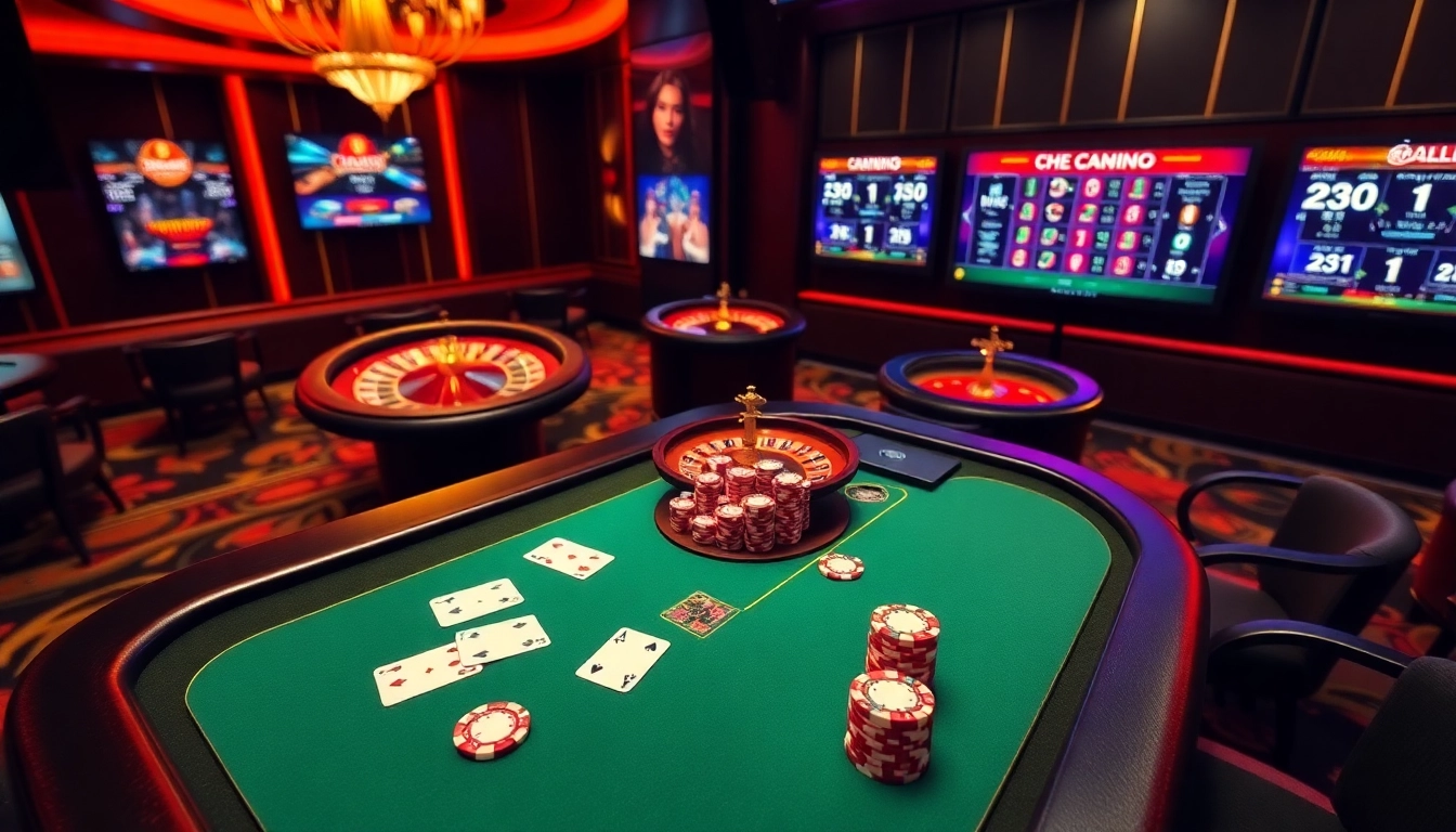 Experience the thrill of xn88 sòng bài with an engaging online casino environment featuring poker tables and roulette wheels.