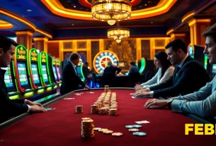 Experience the thrill of FEBET with poker chips and vibrant casino tables in action.