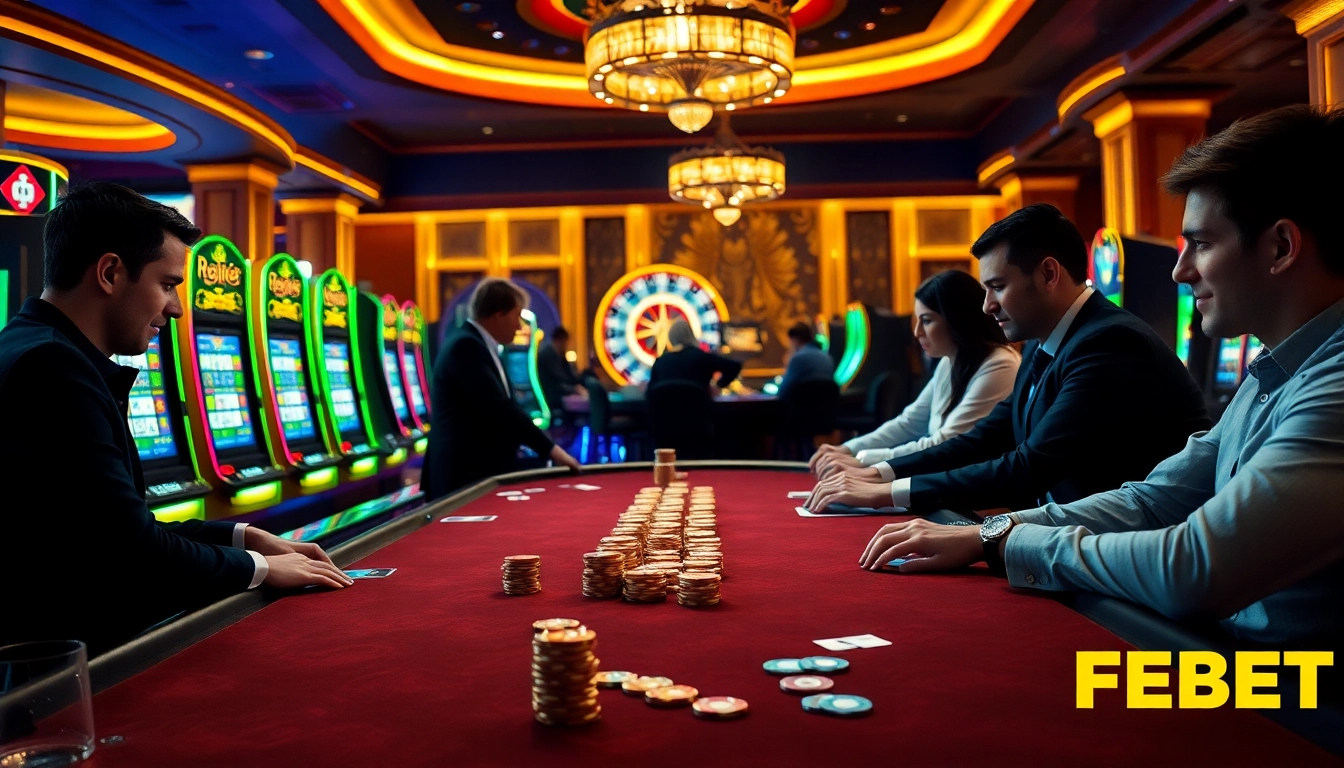 Experience the thrill of FEBET with poker chips and vibrant casino tables in action.