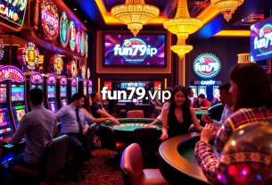 Players enjoying games at a vibrant casino featuring fun79.vip logo for an engaging experience.