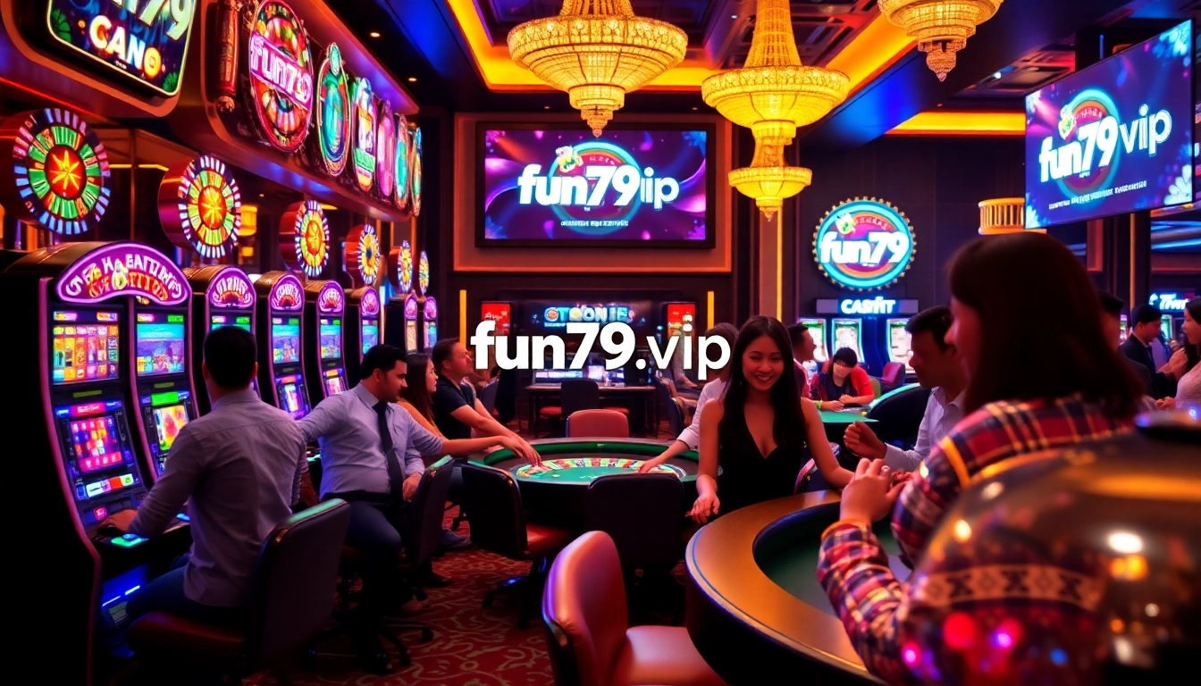 Players enjoying games at a vibrant casino featuring fun79.vip logo for an engaging experience.