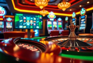 An immersive online casino experience at 99okwin.live, featuring poker chips, roulette spin, and vibrant slot machines.