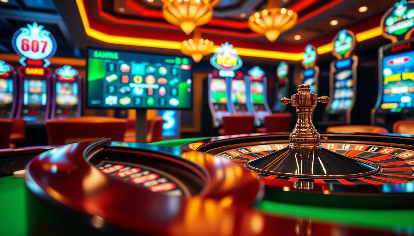 An immersive online casino experience at 99okwin.live, featuring poker chips, roulette spin, and vibrant slot machines.