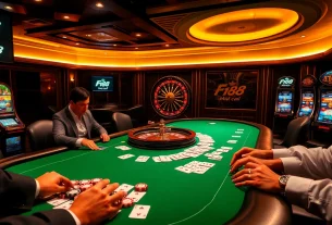 High-stakes poker action with F168 nhà cái branding and vibrant casino atmosphere.